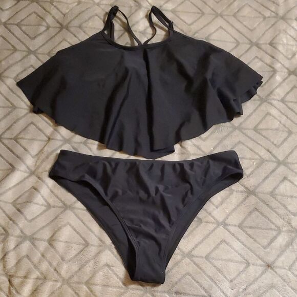 Black Two-Piece Swimsuit, Wireless Flounce Bikini Top Matching Bottom - Picture 1 of 6